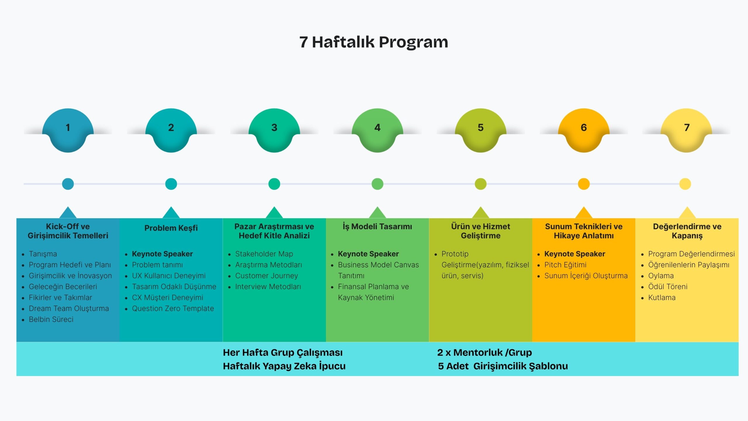 Visual schema of the program's 7-week flow.