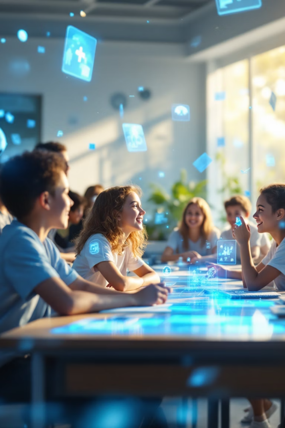 Smiling group of students working around a laptop